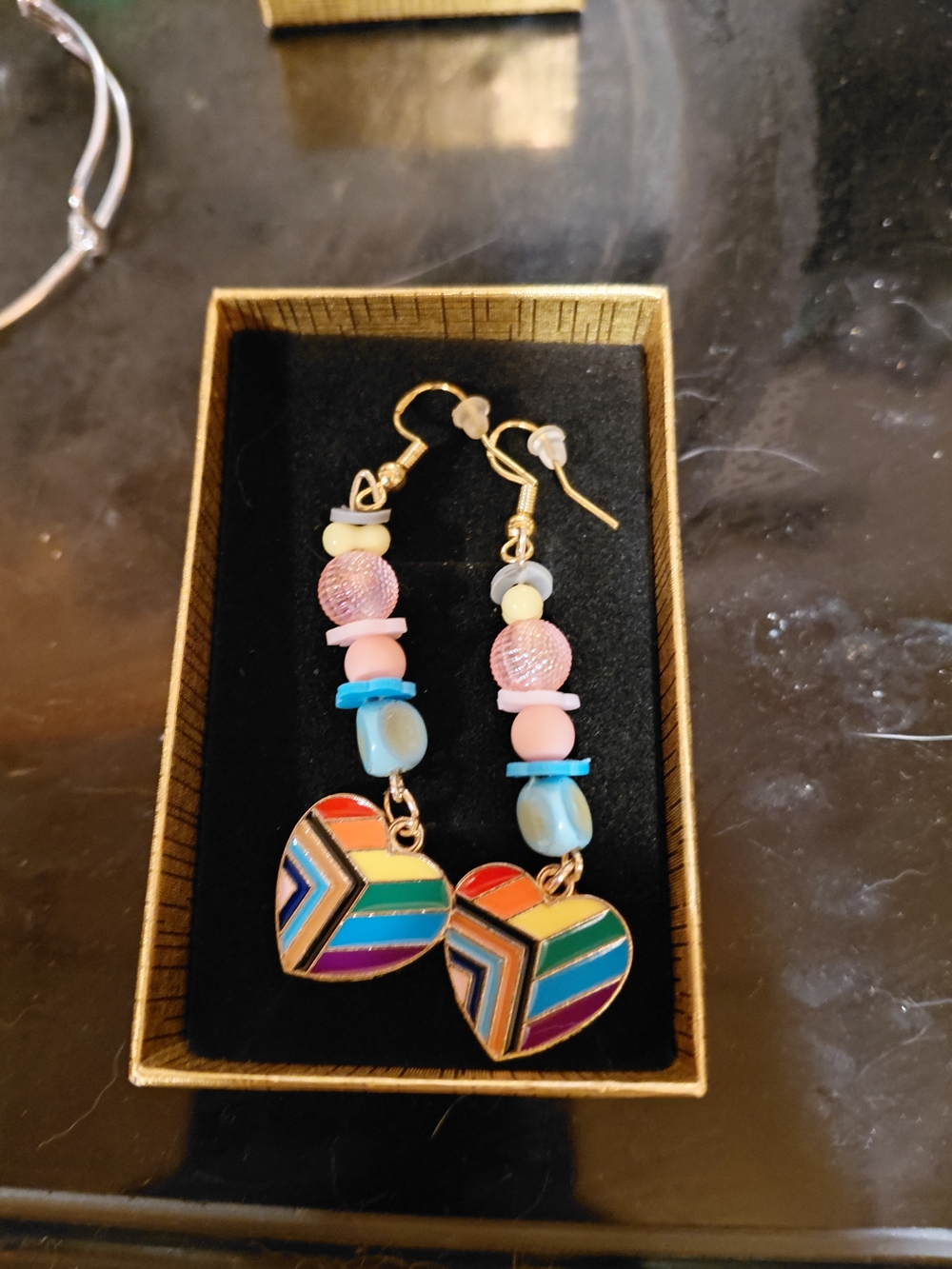 Multicolor Rainbow Heart Drop Earrings with Bead Accents